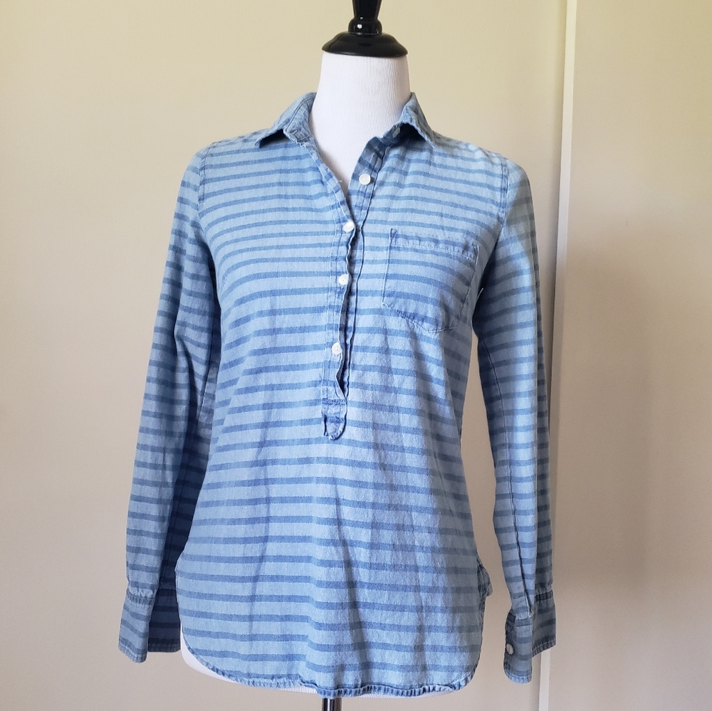 J Crew Stripped Denim Half Button Up
